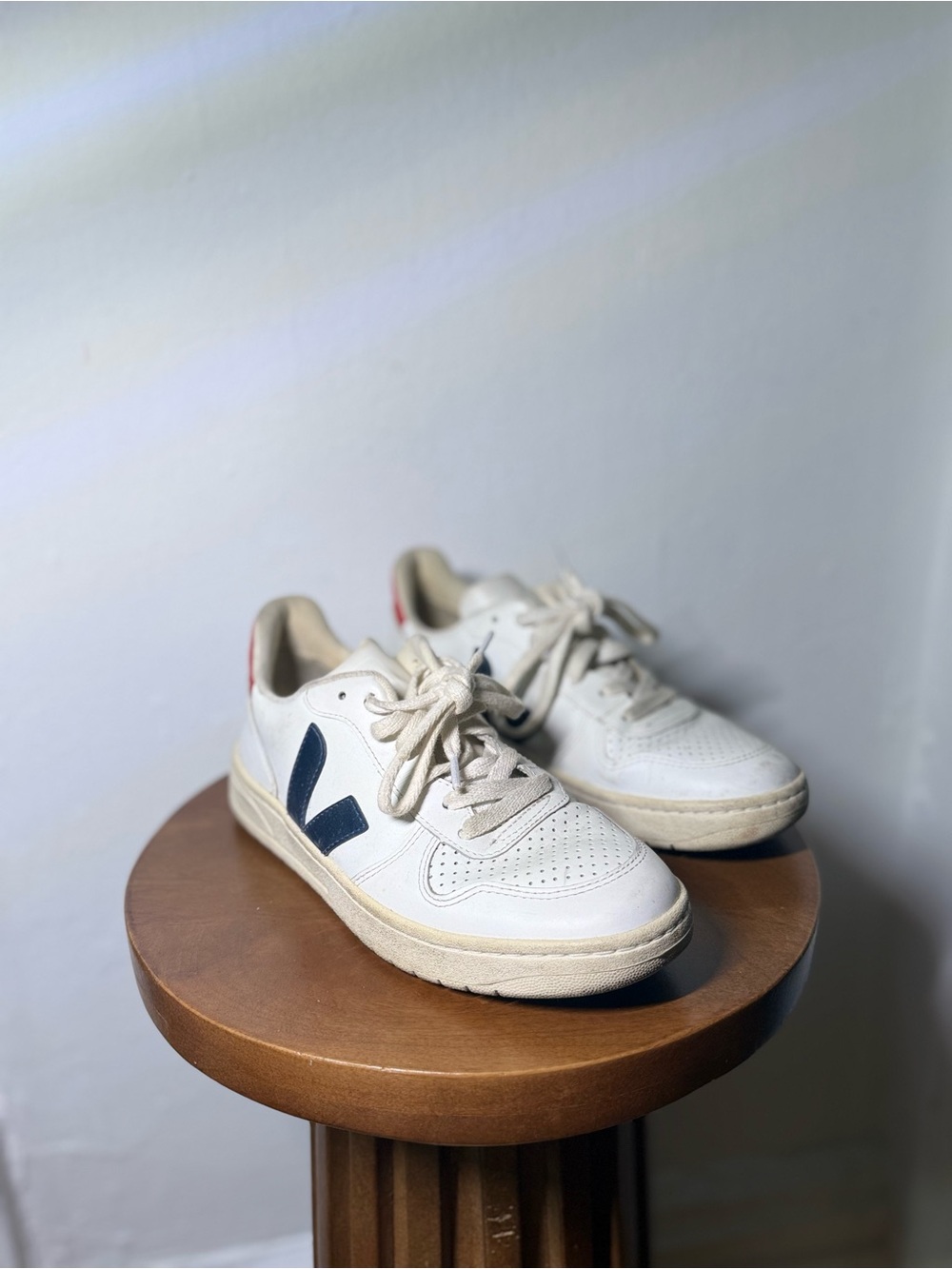 Veja White Leather Sneakers with Navy V and Red Heel Tab
